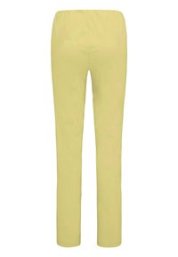 Geel, rekbare stoffen broek met een elastische tailleband, rechte pijpen en een gladde textuur; ontworpen voor comfort en draaggemak.