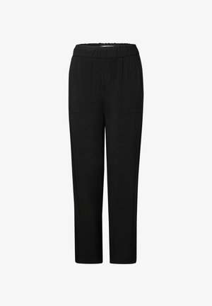 Pantaloni neri in tessuto elasticizzato con vita alta, due tasche anteriori, design a gamba dritta e texture liscia, adatti per un look casual.