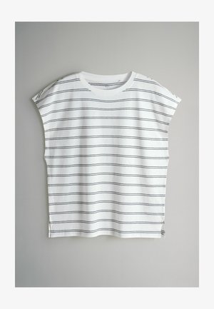 Valkoinen lyhythihainen t-paita mustilla vaakaraidoilla, rento istuvuus, pehmeä puuvillamateriaali, sivuhalkiot helmassa ja pyöreä pääntie.