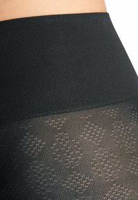 Leggings neri con una vita spessa e texture. La parte inferiore presenta un pannello trasparente con un motivo geometrico e dettagli raffinati.