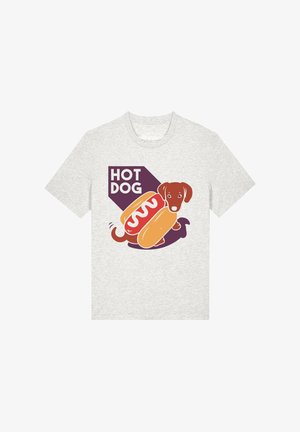 Hellgraues T-Shirt mit einer Grafik eines Dackels in einem Hotdog-Brötchen und dem Text „HOT DOG“ in fetten Buchstaben.