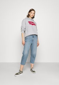 Felpa grigia con logo rosso di Levi's, jeans cropped blu chiaro e sneakers verdi di Vans. La felpa presenta un cordino, mentre i jeans hanno un orlo sfrangiato.