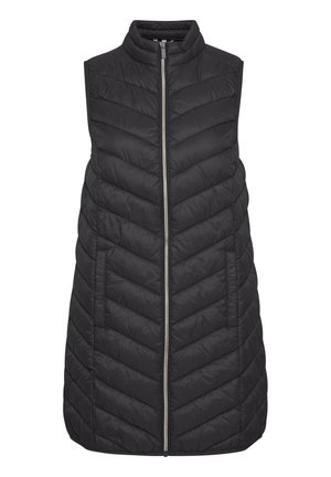 Doudoune sans manches noire avec un matelassage en chevrons, col montant, fermeture éclair devant et poches latérales, conçue pour la chaleur et le superposition.