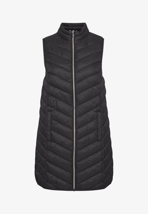 Zwarte mouwloze puffer bodywarmer met chevron-stiksel, opstaande kraag, ritssluiting aan de voorkant en zijzakken, ontworpen voor warmte en laagjes dragen.