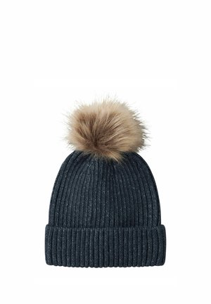 Dark gray ribbed knit winter hat with folded cuff and large light brown faux fur pom-pom on top against white background.