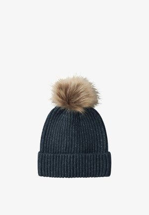 Dark gray ribbed knit winter hat with folded cuff and large light brown faux fur pom-pom on top against white background.