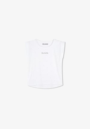 T-shirt en coton blanc avec des manches courtes, un ourlet arrondi, et le mot "VOLTAIRE" en noir au-dessus de petits points colorés.