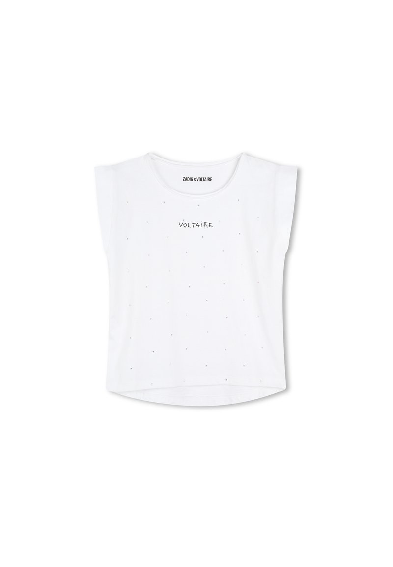 T-shirt en coton blanc avec des manches courtes, un ourlet arrondi, et le mot "VOLTAIRE" en noir au-dessus de petits points colorés.