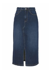 Jupe en denim bleu foncé avec une fente frontale, taille standard, deux poches avant et des détails de couture jaunes. Texture lisse et forme structurée.