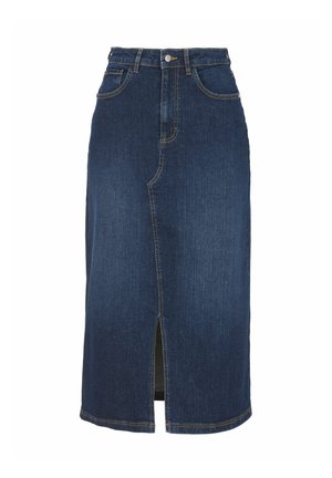 Tummansininen farkkuhame, jossa edessä halkio, tavallinen vyötärö, kaksi etutaskua ja keltainen ommeltu yksityiskohta. Sileä pinta ja jämäkkä muoto.
