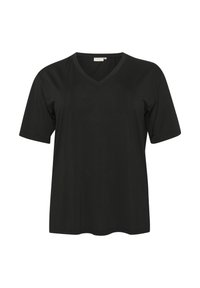 T-shirt noir à col en V, fabriqué en tissu doux et lisse, avec des manches courtes et une coupe décontractée. Aucun motif ni détail en métal.