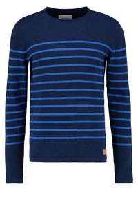 Marineblaues Strickshirt mit langen Ärmeln, horizontalen blauen Streifen, Rundhalsausschnitt und einem kleinen braunen Etikett an der unteren Seite. Weicher Stoff.