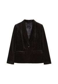 Blazer in velluto nero con motivo a pois dorati, chiusura a singolo bottone, rever a destra e due tasche frontali. Fodera interna liscia visibile.