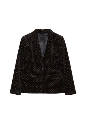 Black velvet blazer with gold dot pattern, single button closure, notched lapels, and two front pockets. Smooth inner lining visible.