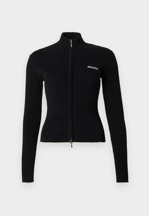 Fekete bordázott, cipzáros pulóver hosszú ujjakkal és magas gallérral, bal oldalon kis fehér "Dickies" logóval a mellrészen.