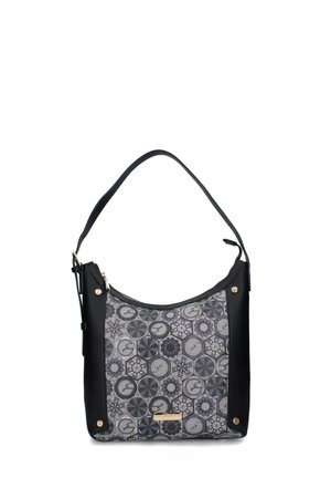 Borsa a spalla nera e grigia con motivo geometrico, texture liscia, chiusura con zip e elementi decorativi in metallo dorato.