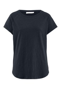 Short-sleeve, dark navy T-shirt made of soft cotton, featuring a round neckline, relaxed fit, and slightly curved hem for comfort.