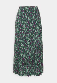 Blumiger Midi-Rock mit dunkelgrünem Grund und lila sowie weißen Blumen, plissiertem Design und elastischem Bund für zusätzlichen Komfort.