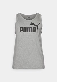Grijze mouwloze tanktop van een katoenmix. Voorzien van een zwart "PUMA" logo en een afdruk van de puma-silhouet op de voorkant. Platte zoom.