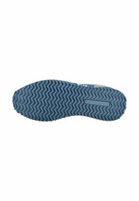 Semelle en caoutchouc bleu avec un motif de bande de roulement en zigzag et une surface texturée. Inclut une plaque de marque rectangulaire sur le côté.