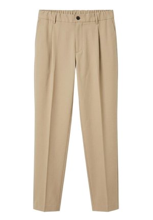 Pantaloni beige su misura con vita elasticizzata, bottone frontale, cerniera, tasche laterali e gambe strette.