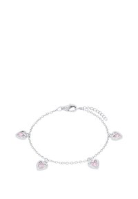 Bracciale in argento con quattro pendenti a forma di cuore, ognuno con un gemma rosa al centro. Include un gancetto sicuro e una catena di estensione.
