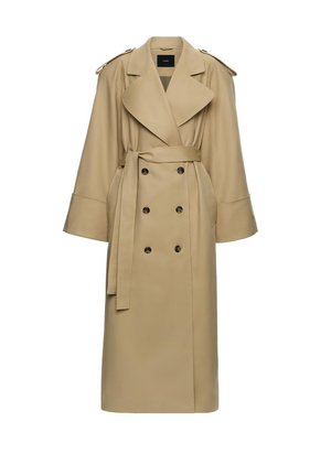 Beežikas kahekordse nööpimisega pikk trentsmantel, laia krae, vöö, õlakilpide ja küljetaskutega.