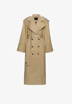 Beżowy, dwurzędowy, długi trencz z szerokimi klapami, paskiem, patkami na ramionach i bocznymi kieszeniami.