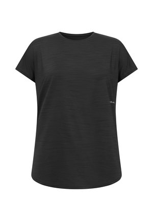 T-shirt nera a maniche corte in tessuto strutturato. Collo tondo, vestibilità morbida, con un sottile accento logo sul lato. Design semplice e versatile.