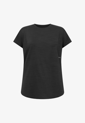 T-shirt nera a maniche corte in tessuto strutturato. Collo tondo, vestibilità morbida, con un sottile accento logo sul lato. Design semplice e versatile.