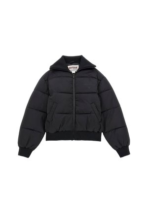 Doudoune noire avec col montant, fermeture éclair et poignets côtelés. Présente un design matelassé et un logo "Guess Originals" sur la poitrine.