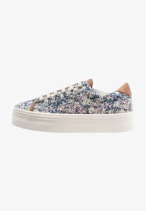 Colorful patterned sneaker with a textured fabric upper in blue, pink, and white, featuring a white platform sole and brown leather accents.