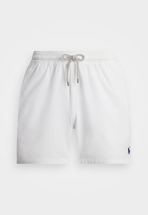 Baltie peldkostīmi ar elastīgu jostasvietu un aukliņu, un nelielu tumši zilu logo kreisajā pusē. Gluda, viegla auduma.