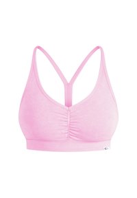 Pink bralette with a smooth texture, gathered front detail, and thin crisscross straps. Features a fitted underband for support.
