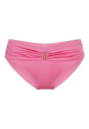 Costume da bagno rosa realizzato in tessuto liscio, con lati arricciati e un'accogliente decorazione dorata al centro davanti.