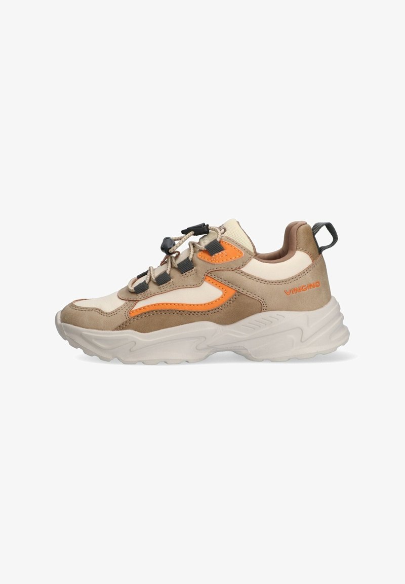 Tan and cream sneaker with orange accents. Features a textured upper, adjustable laces, and a chunky white rubber sole.