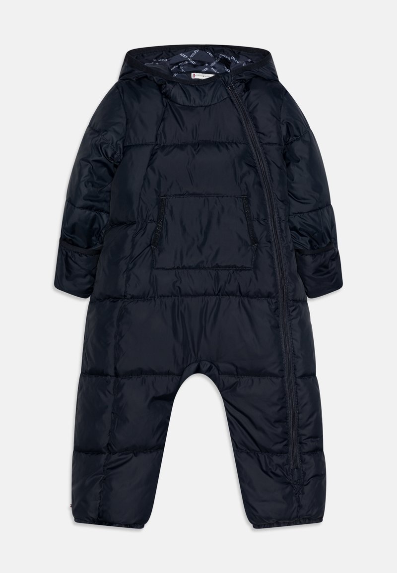Navy blue puffer snowsuit with a hood, front zipper, and a chest pocket. Features quilted texture and elastic cuffs for warmth.