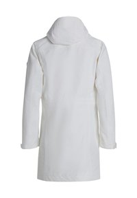 Biała długa zimowa kurtka z kapturem, z długimi rękawami i regulowanymi paskami przy nadgarstkach, przedstawiona od tyłu na jednolitym tle.