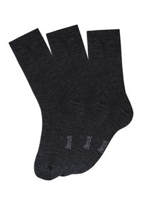 Dunkelgraue Wollmischsocken im Dreierpack. Mit gerippten Bündchen und verstärkter Ferse. Einfaches Design mit dem in Grau aufgedruckten "Bench"-Logo.