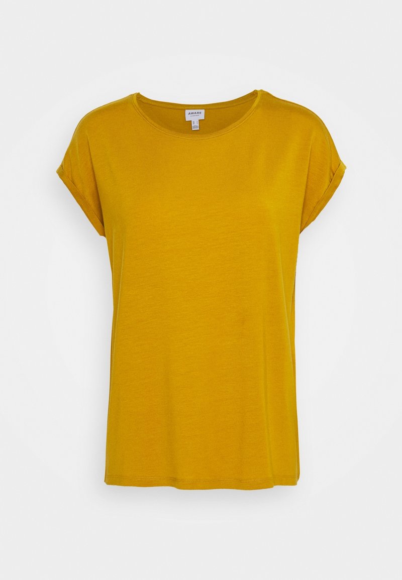T-shirt jaune moutarde à manches courtes avec revers roulés et col rond, fabriqué en tissu léger.