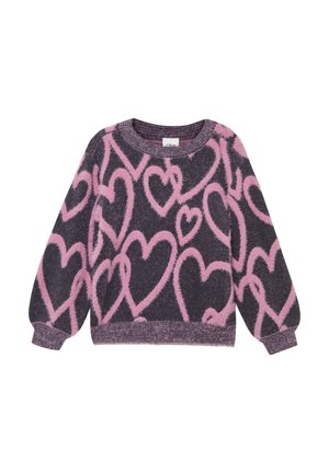 Flauschiger Strickpullover mit grauem Grund und großen rosa Herzmustern, ausgestattet mit einem Rundhalsausschnitt sowie elastischen Bündchen und Saum.