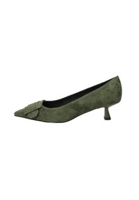Décolleté in suede verde oliva con punta appuntita e tacco basso e angolare. Presenta un elegante fiocco decorativo sulla parte anteriore del piede per un tocco di stile in più.