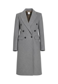 Dobbeltbrystet grå uldfrakke med store knapper, slå-om krave og to sidelommer. Glat tekstur med en let skræddersyet pasform.