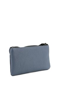 Portafoglio in pelle blu texture con chiusura a zip. Forma rettangolare, bordi lisci e dettagli cuciti lungo la cucitura.