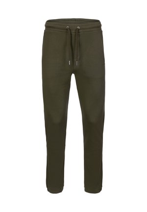 T tumamarr green joggerit, jotka on valmistettu pehmeästä kankaasta ja joissa on joustava vyötärö naruilla, sivutaskut ja kapenevat lahkeet.