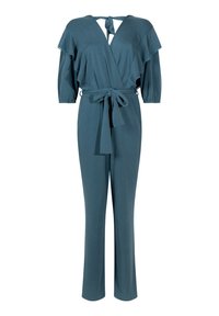 Teal jumpsuit met een V-hals en striksluiting aan de achterkant. Voorzien van korte gerimpelde mouwen, een riem in de taille en rechte broekspijpen.