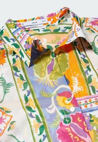 Chemise à boutons à motif floral coloré en tissu léger. Dotée d'un col pointu, aux couleurs vives : rose, vert, jaune et bleu.