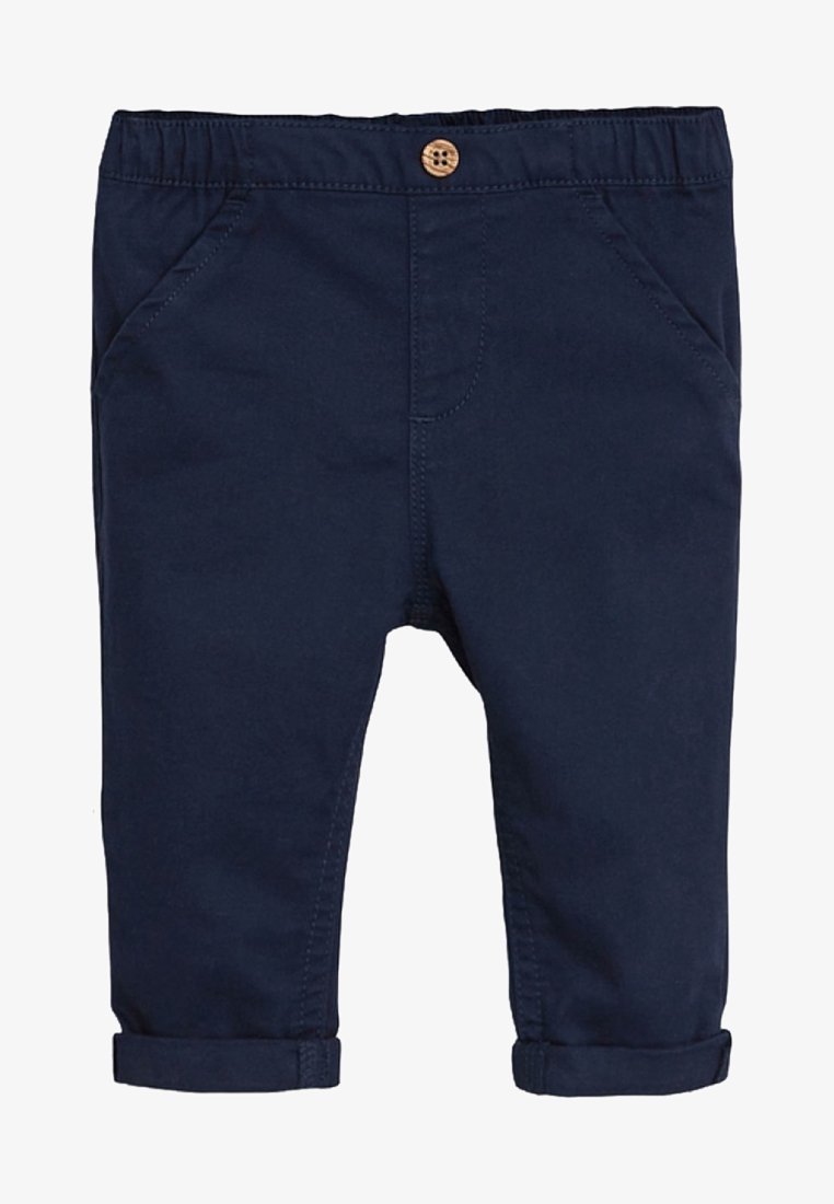 Pantalon bleu marine pour tout-petits avec taille élastique, bouton en bois, poches avant et revers roulés.