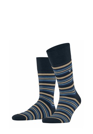 Navy and beige striped socks with a ribbed cuff, featuring alternating thin and thick stripes in blue and tan colors.