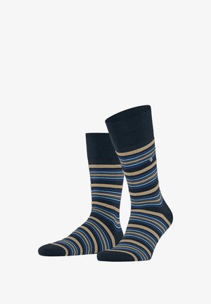 Chaussettes rayées bleues marine et beige avec un bord côtelé, comportant des rayures alternées fines et épaisses en bleu et beige.